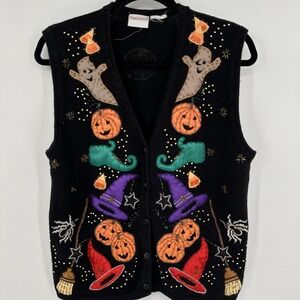 Vintage Bobbie Brooks Sweater Vest Womens Large Beaded Embroidered Halloween 90s